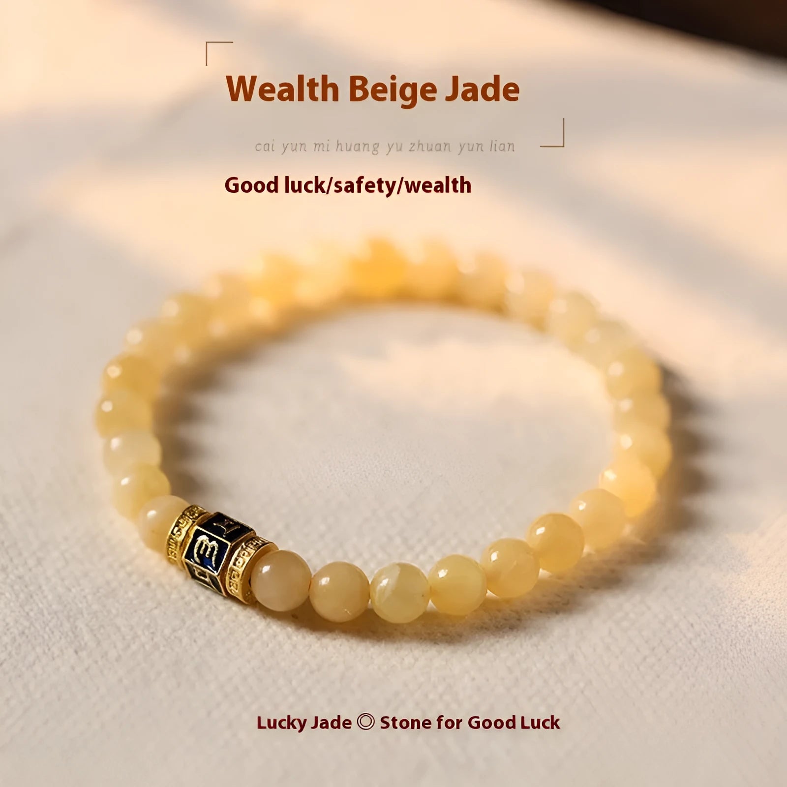 Hand-woven women's topaz bracelet with 6mm lucky barrel beads and square sugar jade beads in yellow jade colour
