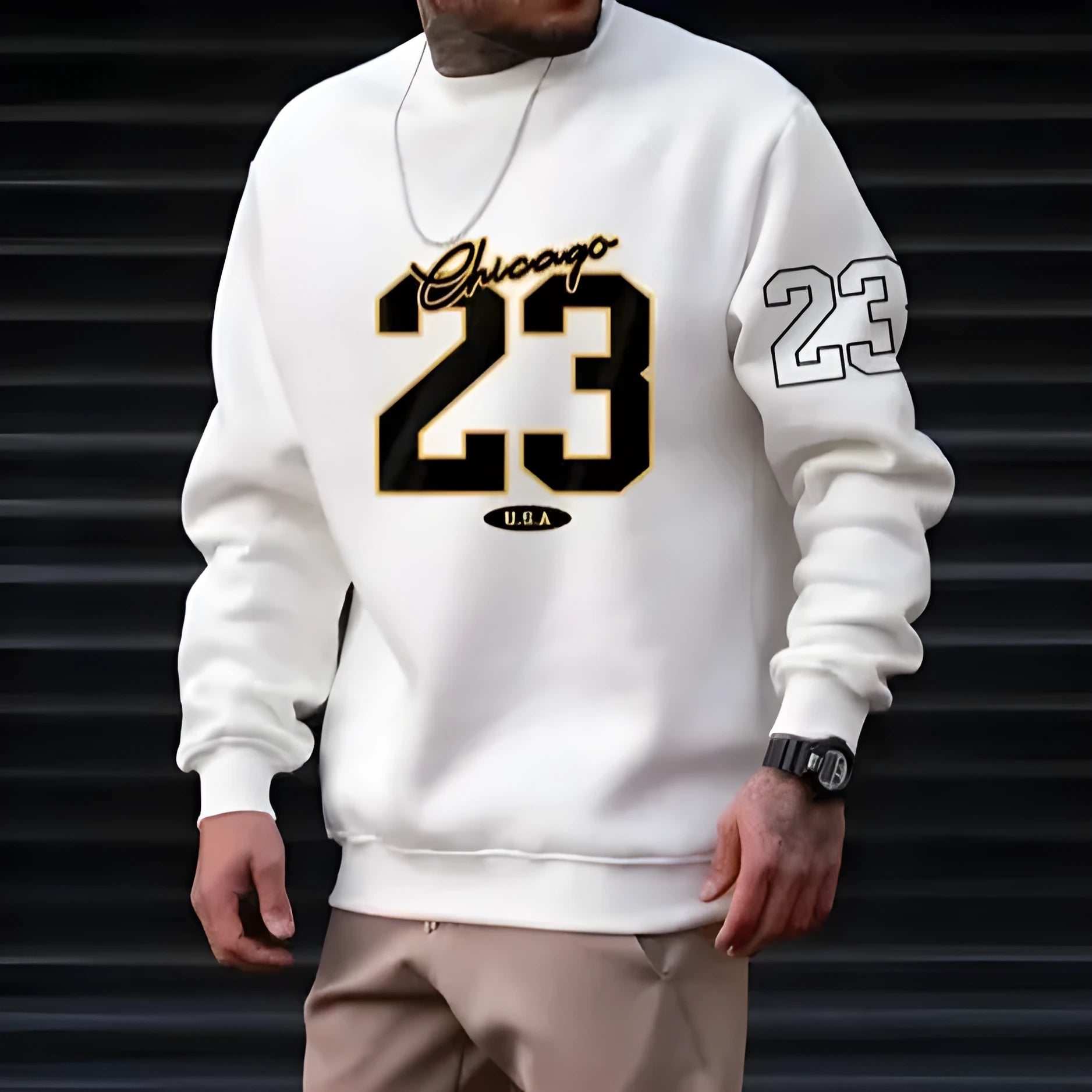 Men's art letter design fleece sweatshirt pullover in black, front view