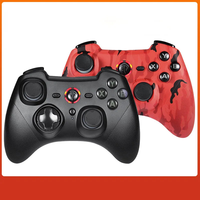 Black dual-mode wireless game controller for PC with coloured action buttons, shown with USB dongle and spare thumbstick caps.