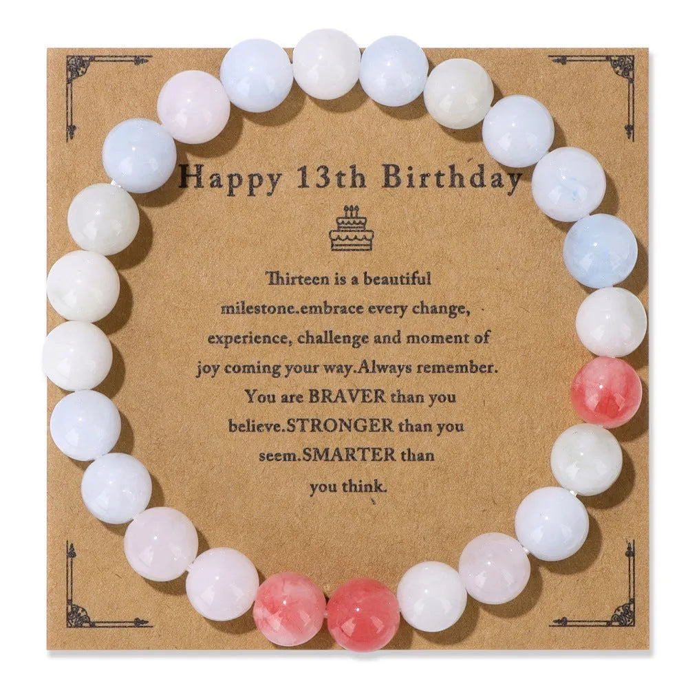 Men's natural stone bead elastic string bracelet in geometric circle style with birthday card