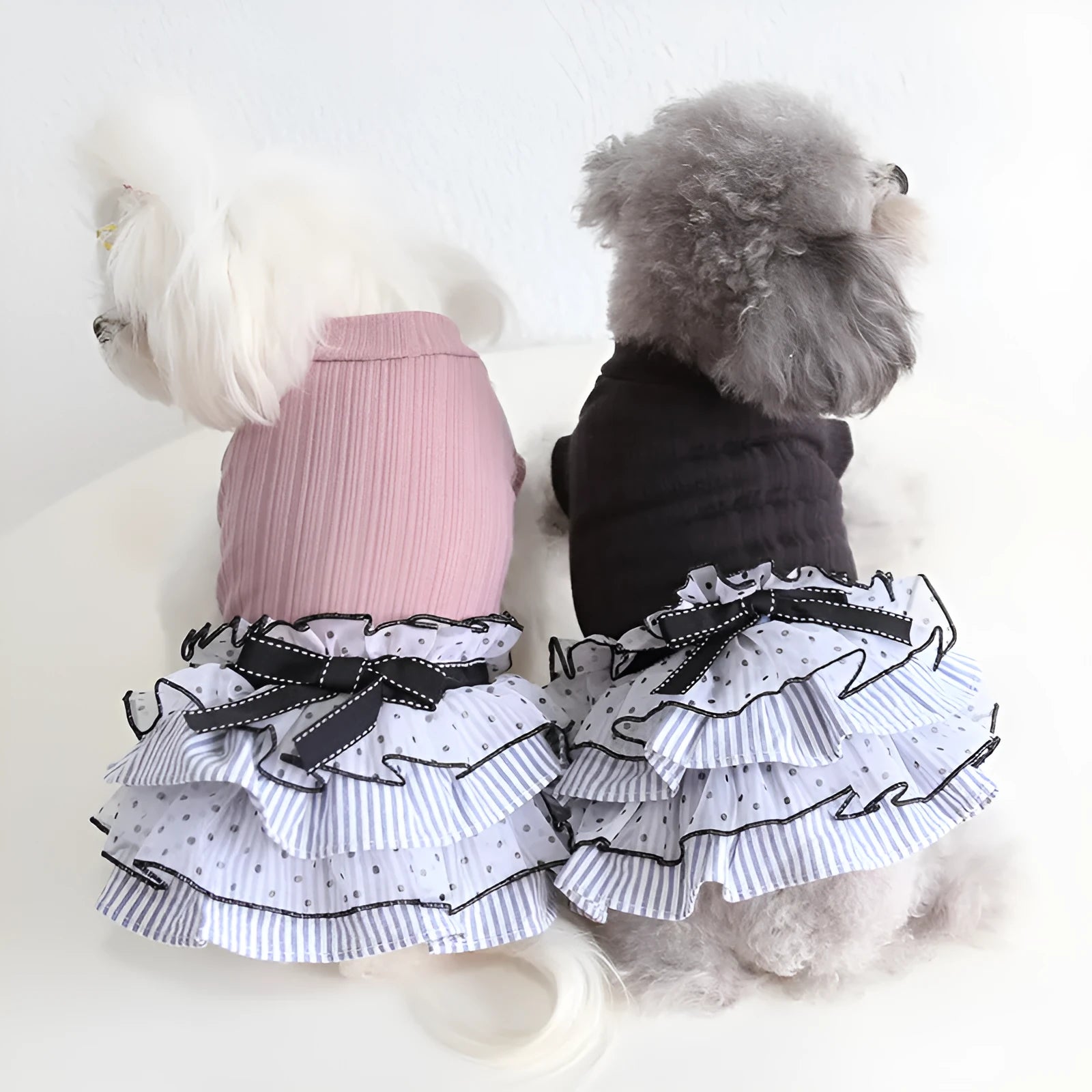 Polka dot lace cake dress pet clothing in Taro purple, shown in Princess style for dogs or cats.