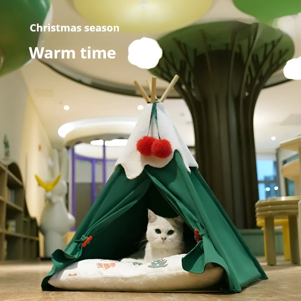 Semi-closed cat house bed with thickened cloth construction in brown and white mat options
