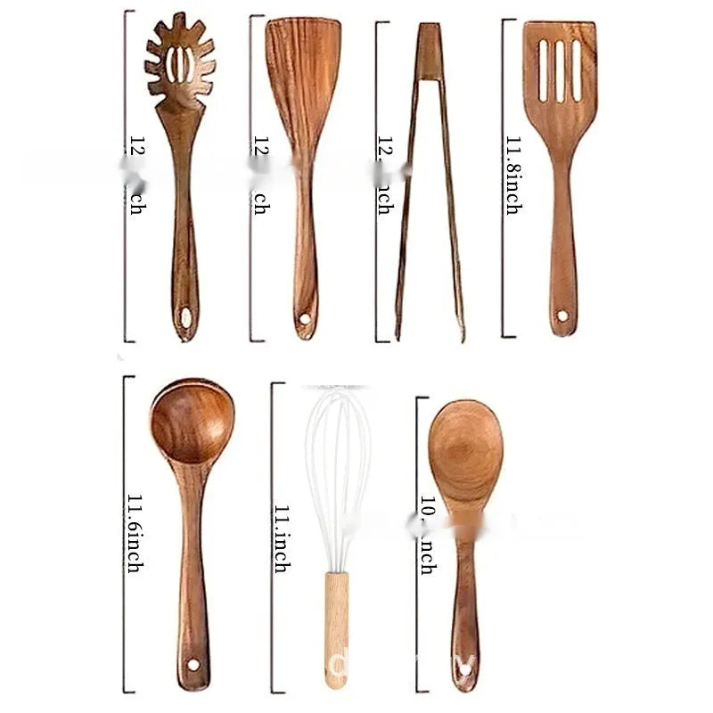 A set of seven wooden kitchen utensils including spoons and spatulas arranged together.