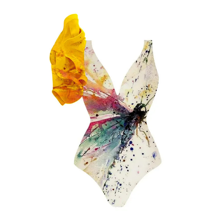 Yellow one-piece swimsuit for women with high waist for stomach coverage.
