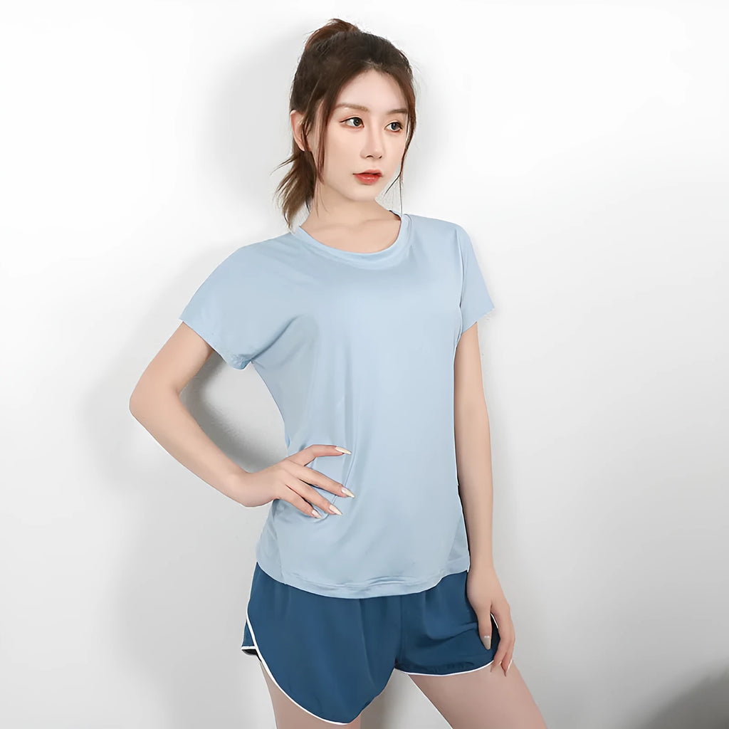 Women's short sleeve polyester sports t-shirt in grey green colour for running and gym workouts