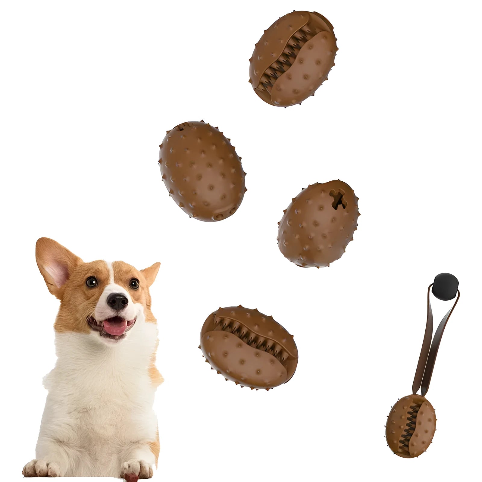 Coffee bean shaped TPR rubber dog chew toy with knotted rope centre in brown colour