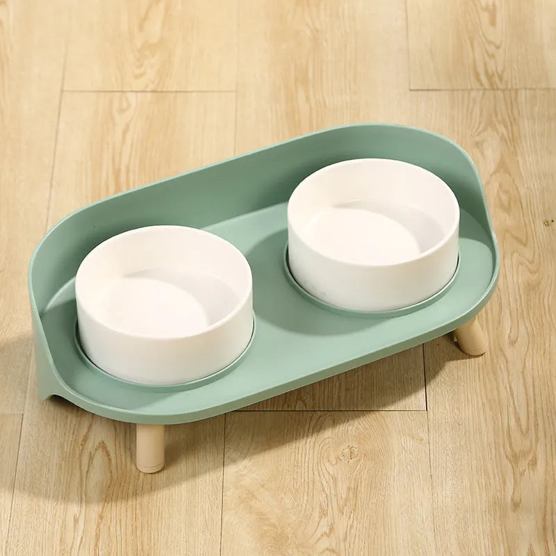 Green tilted pet feeding bowl with double compartments for food and water
