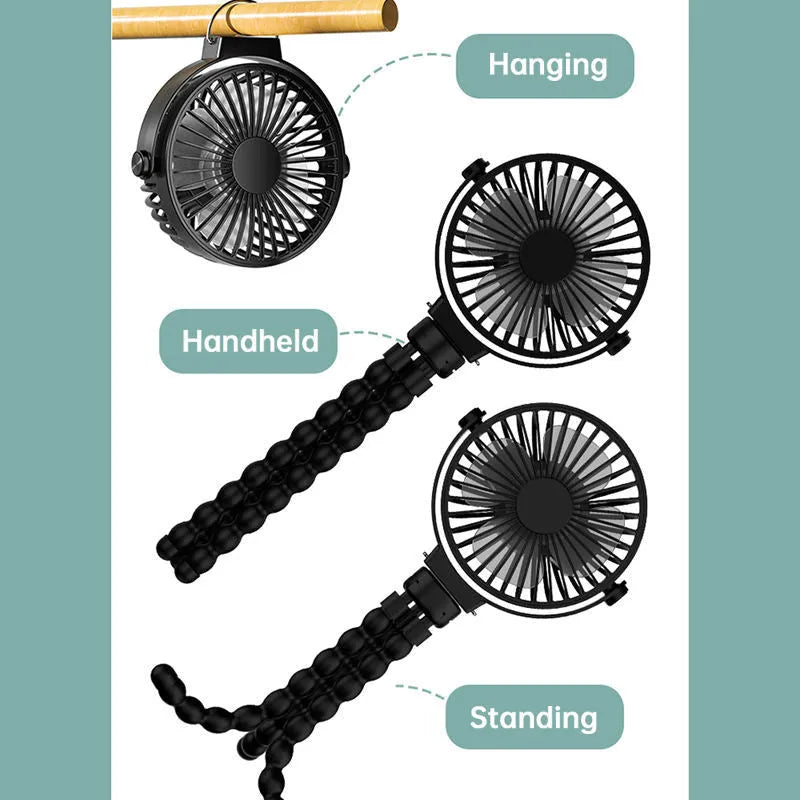 Black flexible tripod clip fan showing 360-degree rotation and adjustable legs with 2000mAh battery capacity