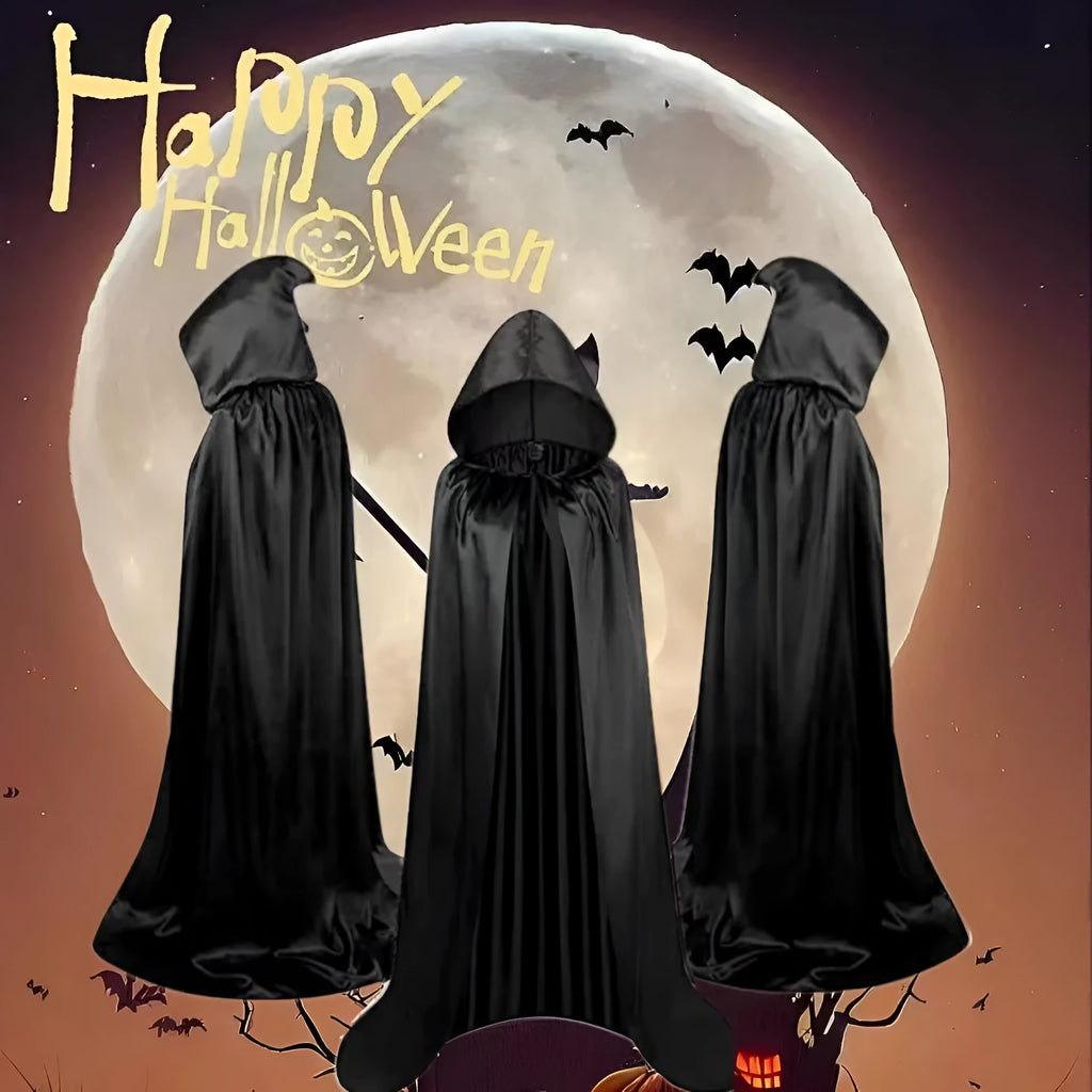 A black satin hooded cloak for children, laid flat to show its length, for Halloween wizard or witch costumes.