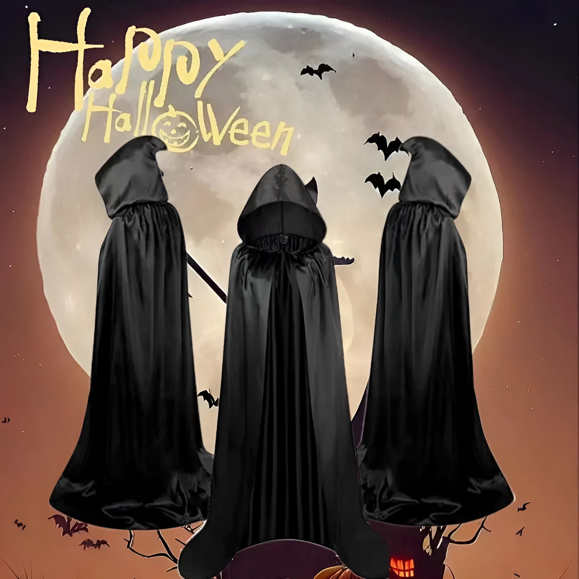 A black satin hooded cloak for children, laid flat to show its length, for Halloween wizard or witch costumes.