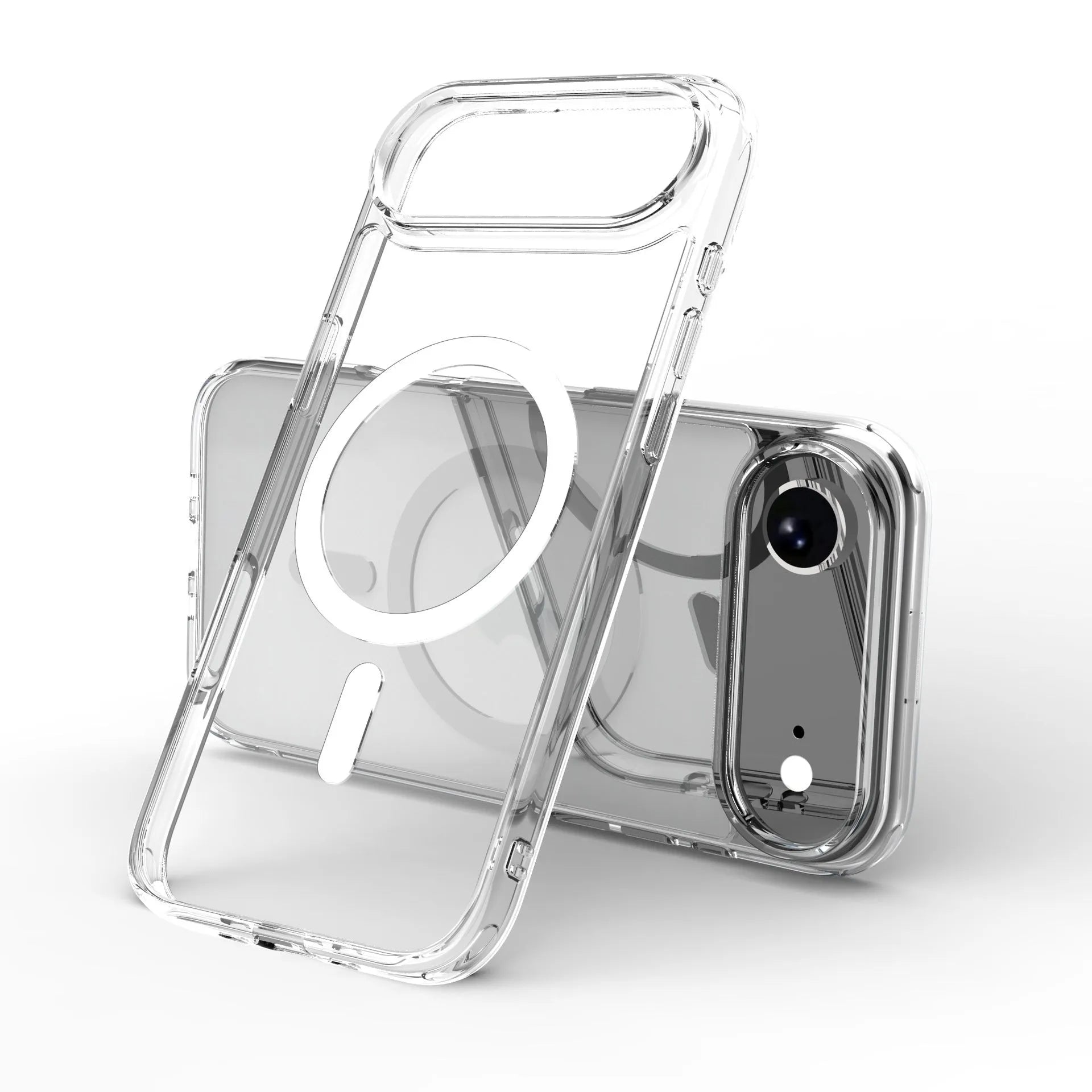 Transparent magnetic shockproof case for iPhone 17, iPhone 17 Pro, iPhone 17 Pro Max, and iPhone 17 Air phones.