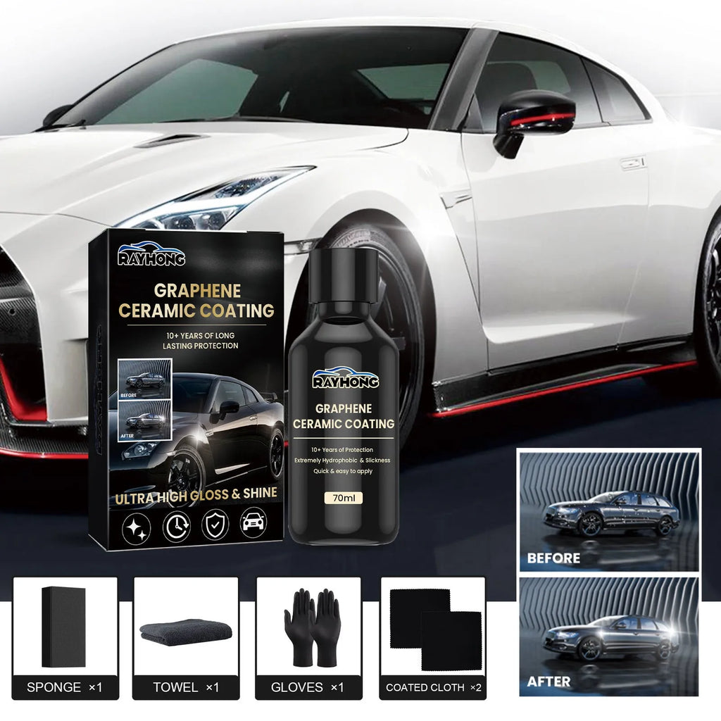 70ml bottle of graphene ceramic car coating with sponge, microfiber towel, gloves, and applicator cloths.