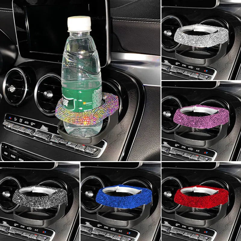 Diamond-decorated car cup holder bracket mounted on air vent in blue rhinestone finish