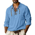 Men's plus size loose-fit linen shirt with a lapel collar in a solid blue colour.