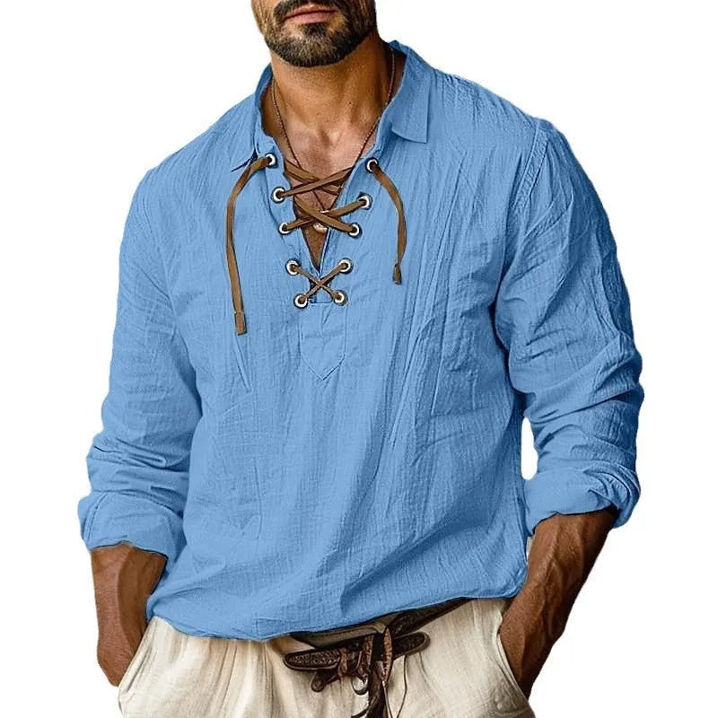 Men's plus size loose-fit linen shirt with a lapel collar in a solid blue colour.