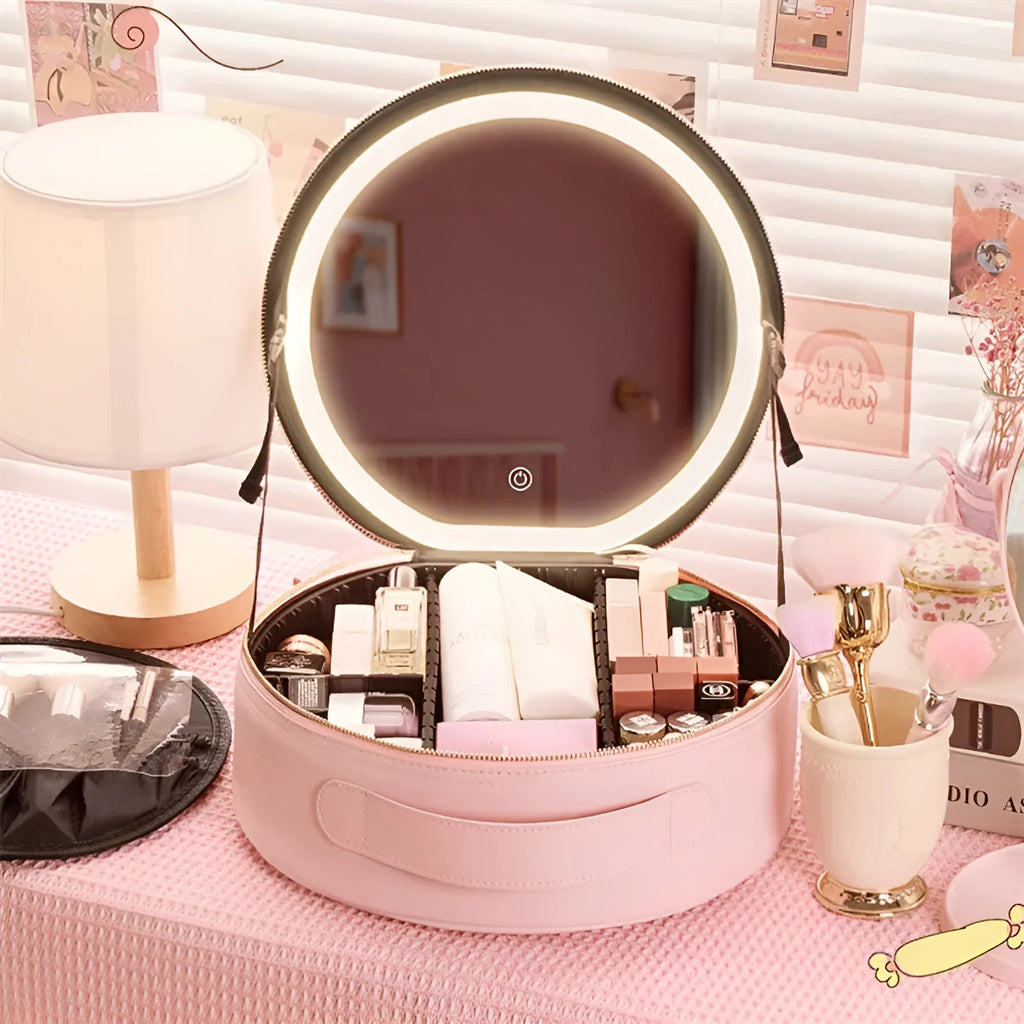 Round cherry blossom pink PU leather makeup bag with a lit LED mirror inside, showing internal partitions.