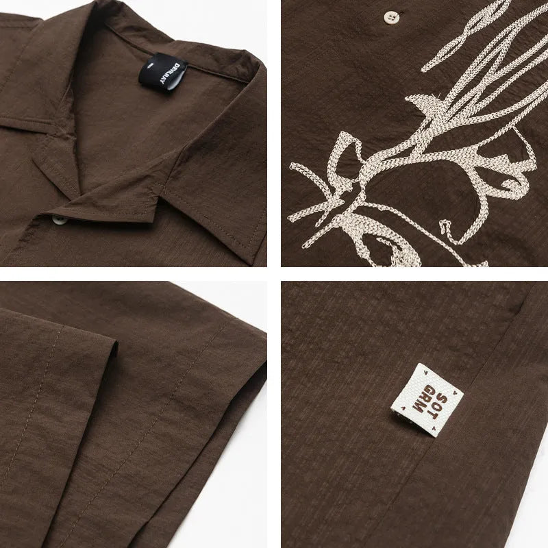 Brown striped polyester Cuban collar short sleeve shirt for outdoor camping