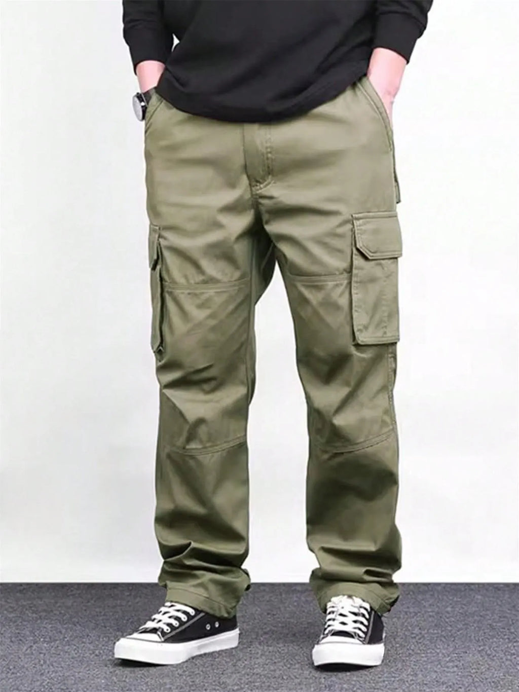 High waist straight long pants in khaki with drawstring waist, loose fit, bamboo fiber blend fabric, women's casual trousers