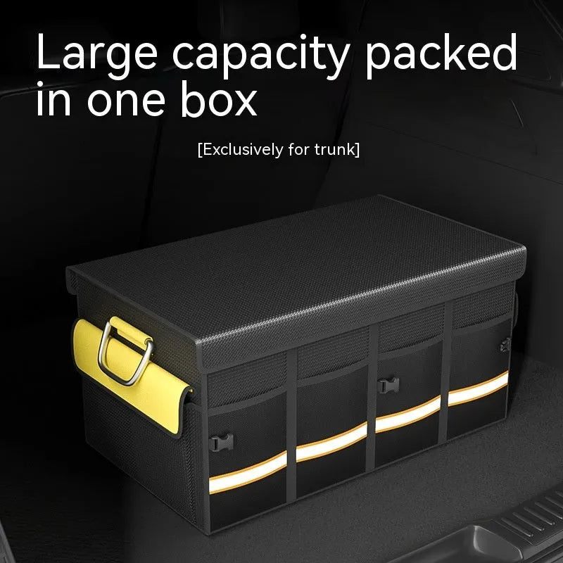 Black and yellow foldable car trunk storage bag with handle in three capacity sizes