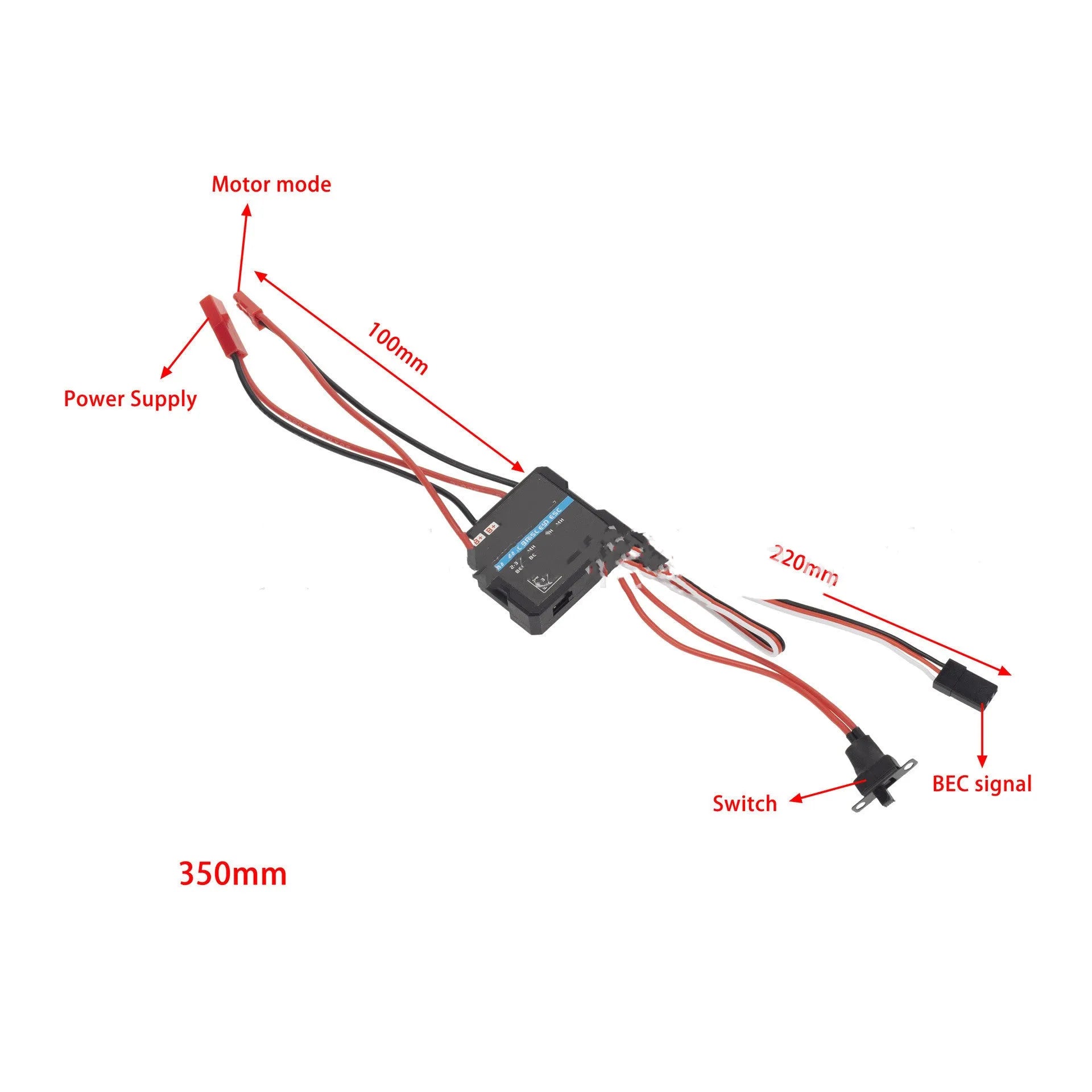 Small Boat 40A miniature brushed electronic speed controller for 1/16 and 1/18 scale RC vehicles.