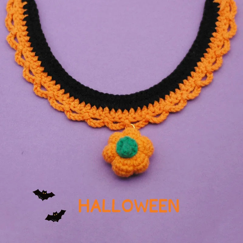 Hand-crocheted wool Halloween pet collar with pumpkin design in adjustable sizes for cats and dogs