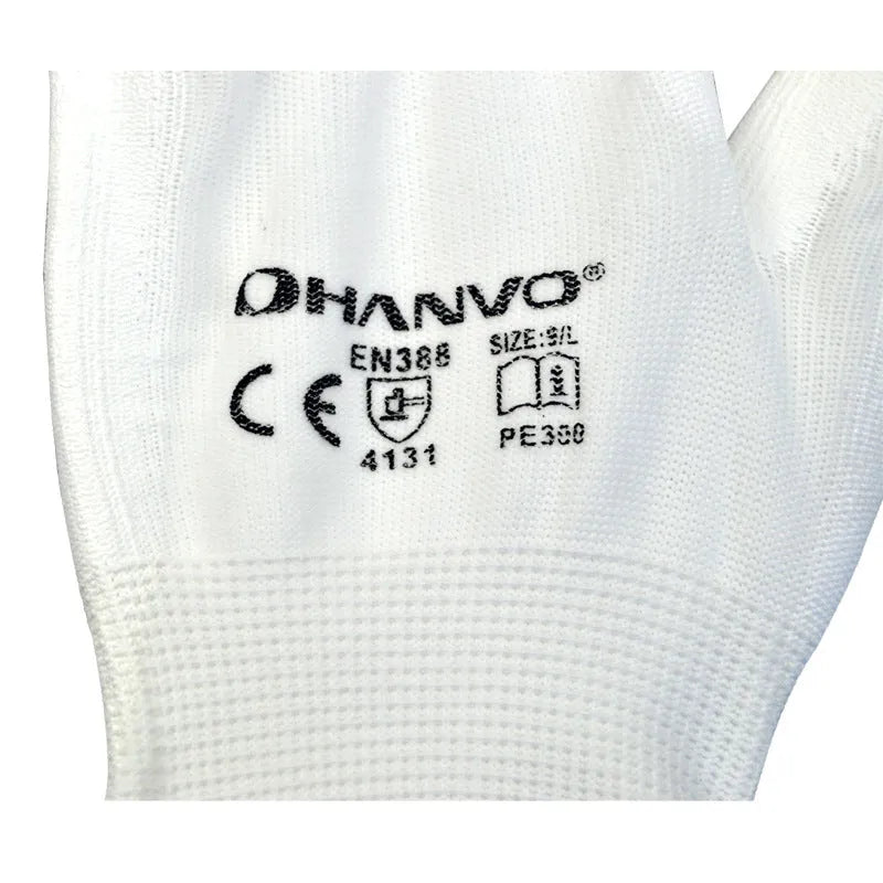 White PU coated labour gloves showing textured palm, displayed in medium and large sizes.