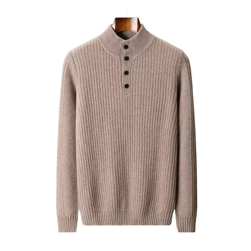 Men's half turtleneck button sweater pullover loose fit wool winter long sleeve