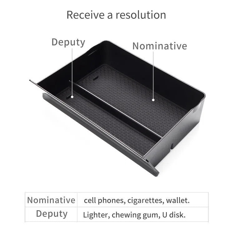 Black plastic car central storage grid drawer box for Tesla, 26x19x6.5cm, waterproof organiser