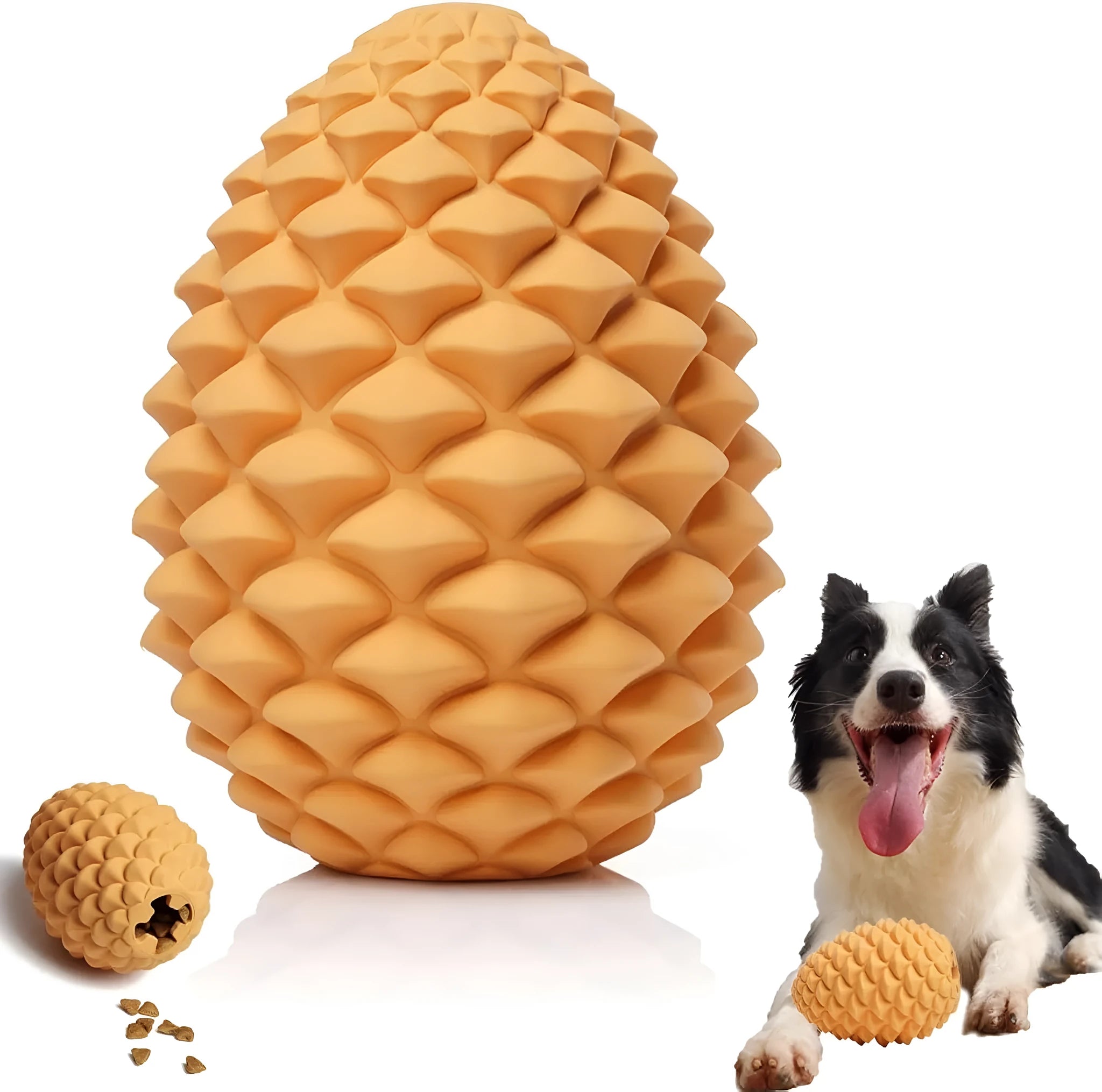 Yellow natural rubber pine cone-shaped dog toy with textured surface and treat dispenser hole.