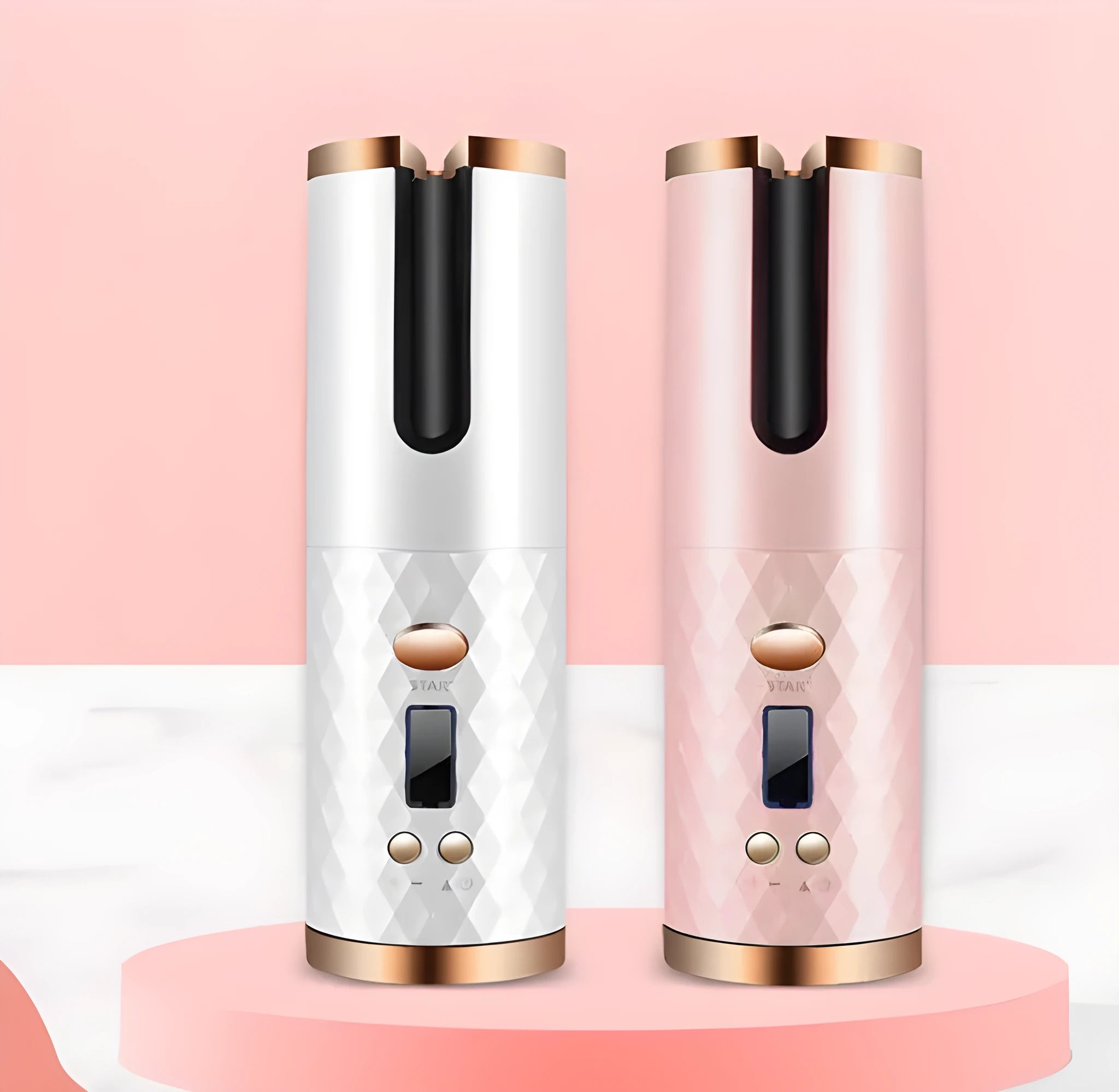 Portable USB charging curling iron with gold ceramic barrel in white, pink or grey colours
