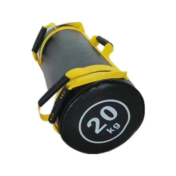 Flat white PVC fitness training sandbag shown in a gym setting for strength and conditioning workouts.