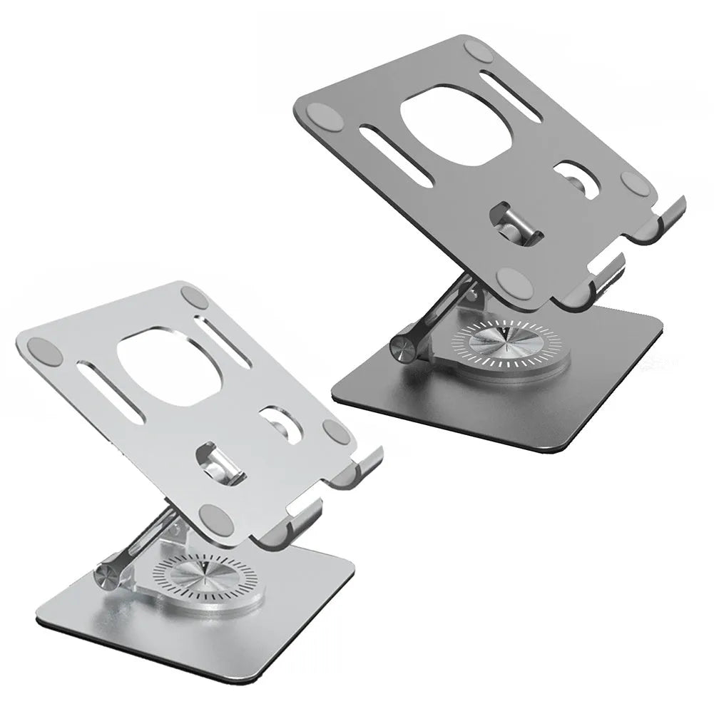 Rotating flat stand in silver colour showing adjustable height mechanism for tablets