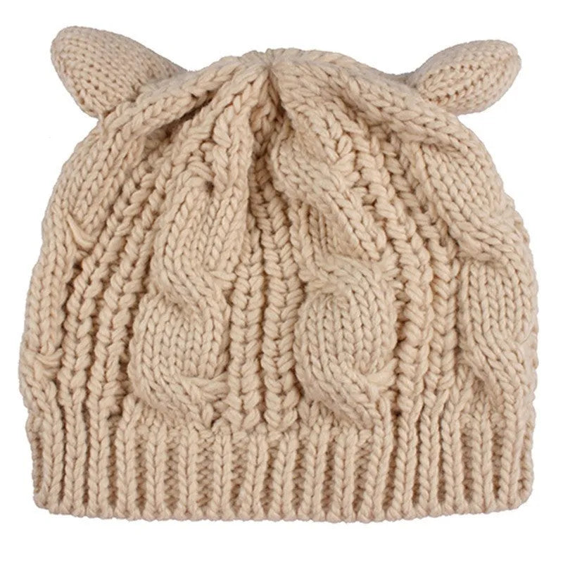Handmade knitted winter beanie with 3D cat ears in wool material