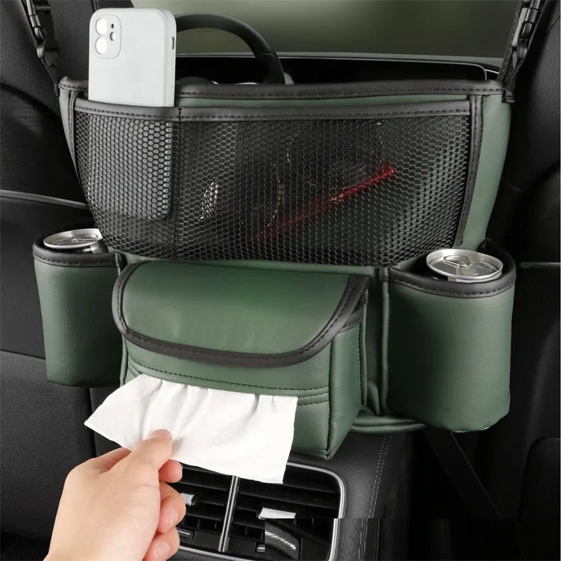 Multi function car centre console armrest storage bag in leather, 36x26x18 cm, black colour, installed between seats