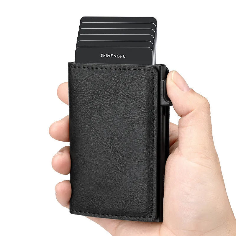 Pop-up aluminium alloy card wallet in retro PU leather with anti-theft function, front view