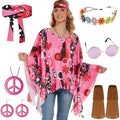 Colourful tie dye cloak costume with bell sleeves, shown in rainbow print.