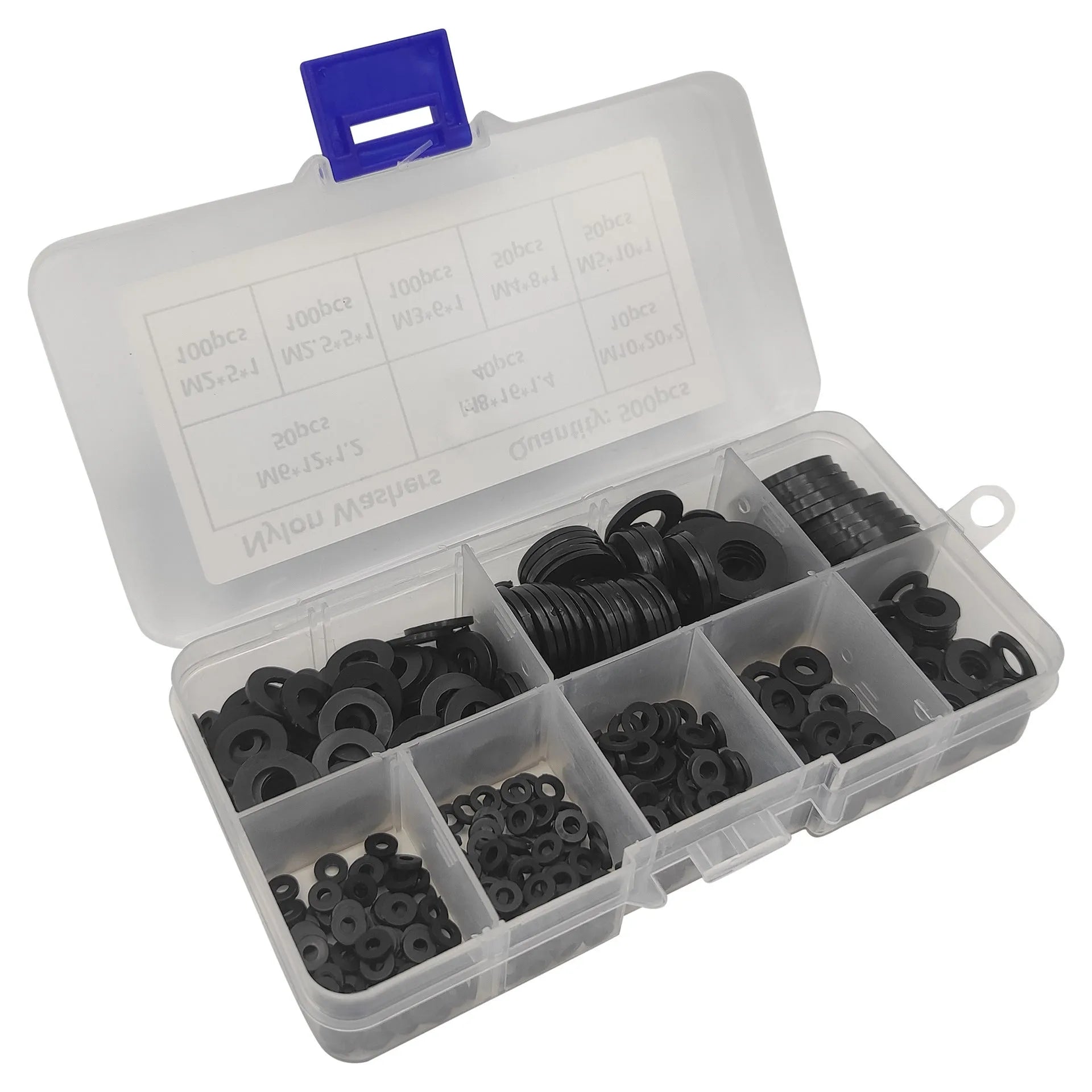 500-piece black nylon flat washer assortment kit in open box showing different sizes