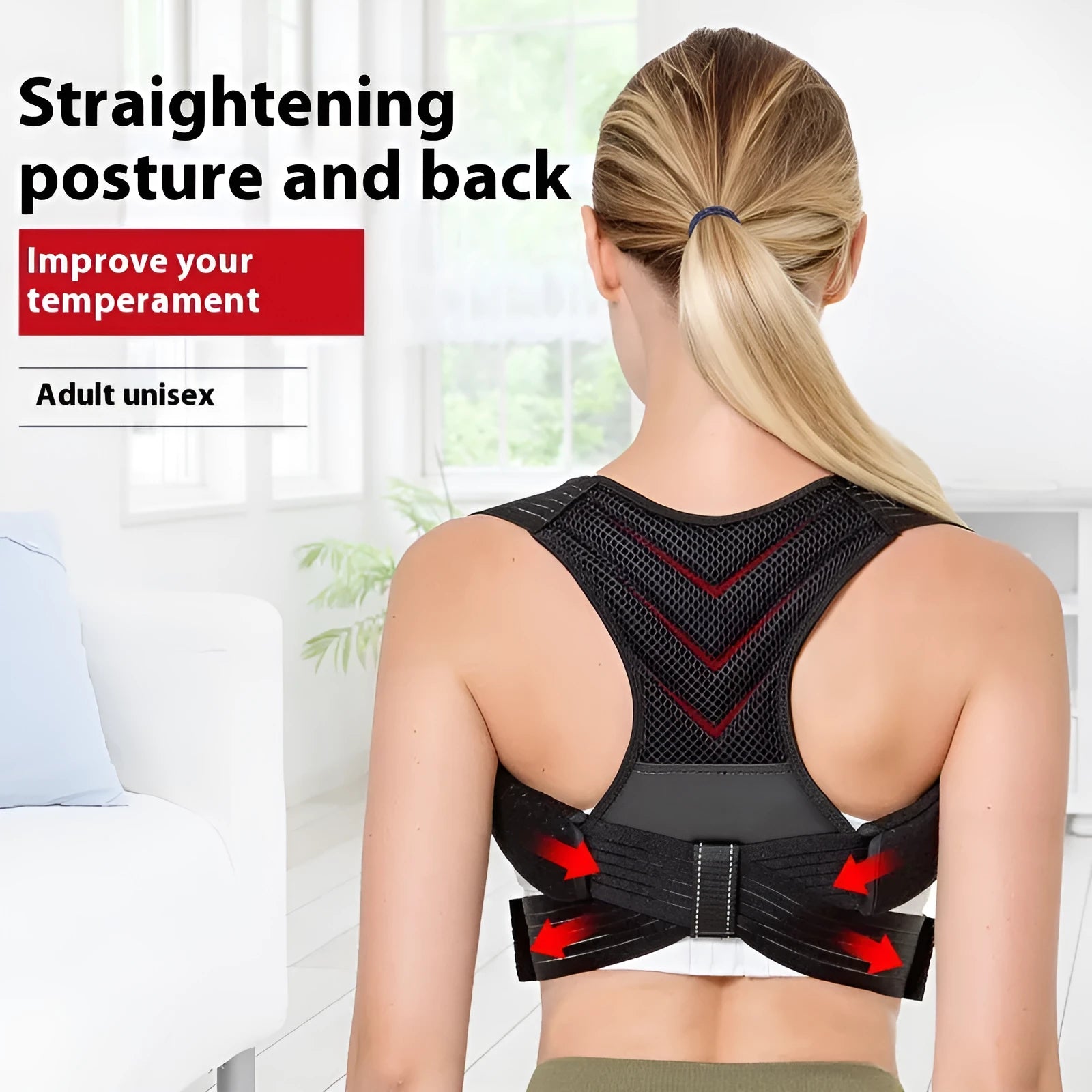 Black anti-humpback posture correction belt worn on torso, showing open shoulder and high chest position.