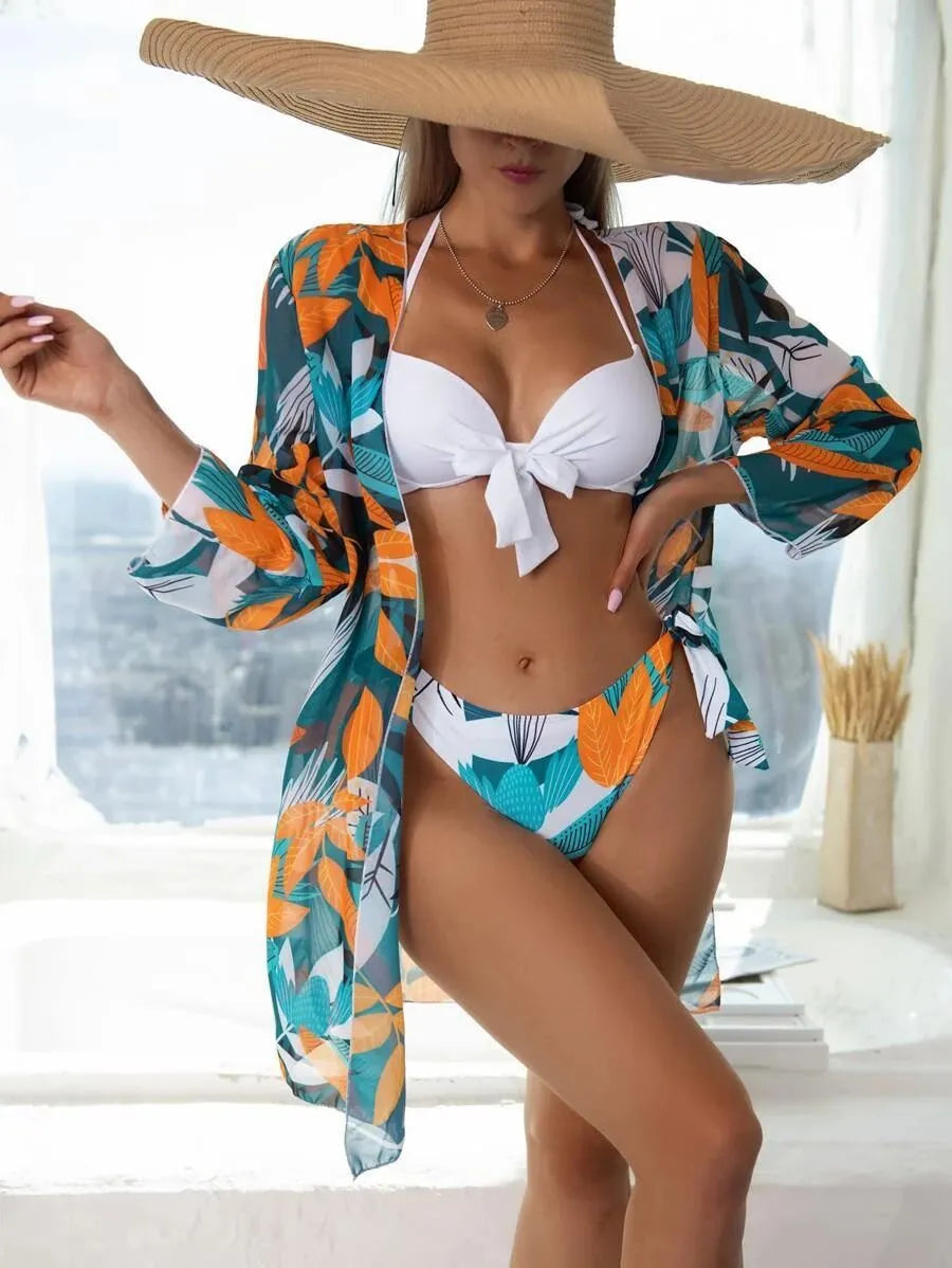 Women's three-piece bikini swimsuit with mesh split design in polyester fabric
