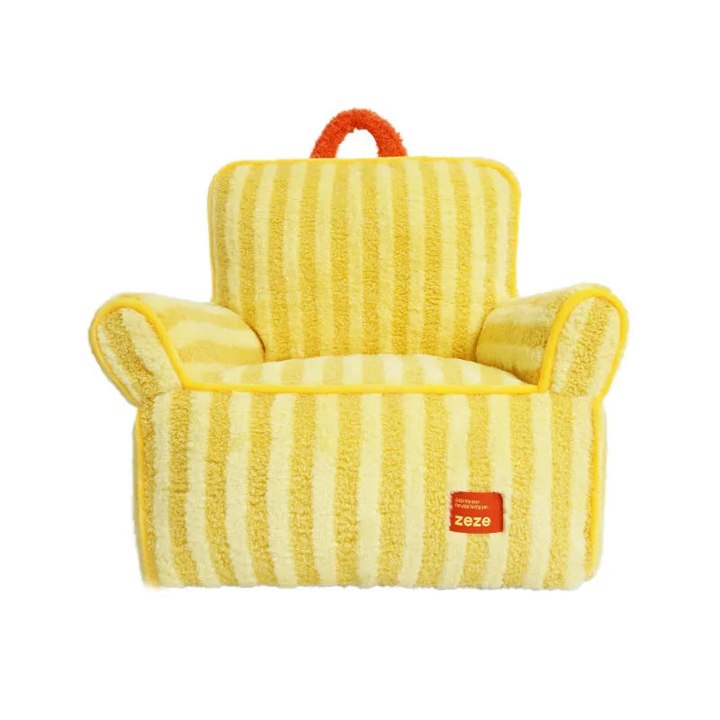 Striped soft velvet pet bed for dogs with removable cover in yellow, orange, or purple colours.