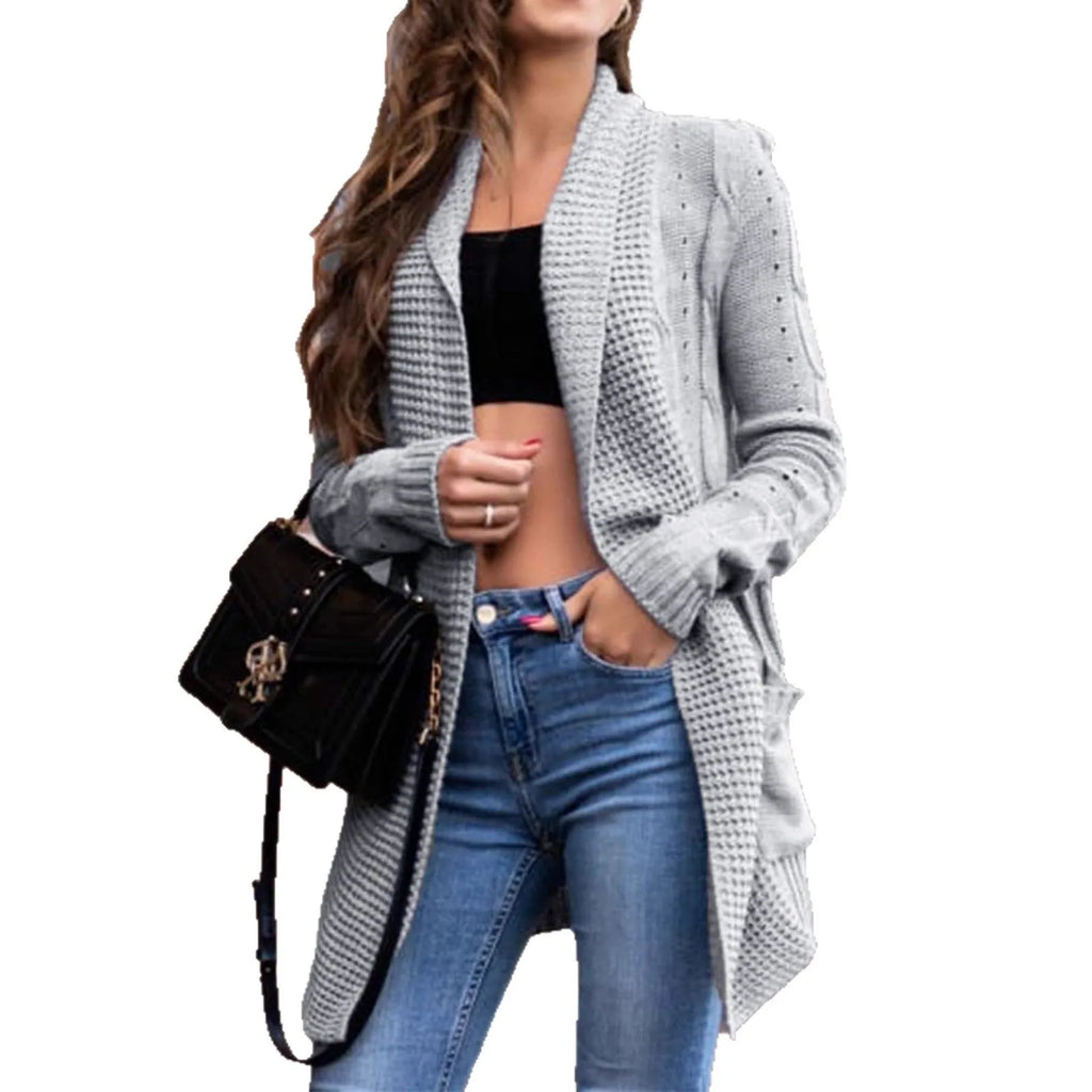 Grey women's loose fit cardigan coat with side pockets, long sleeves, and viscose construction