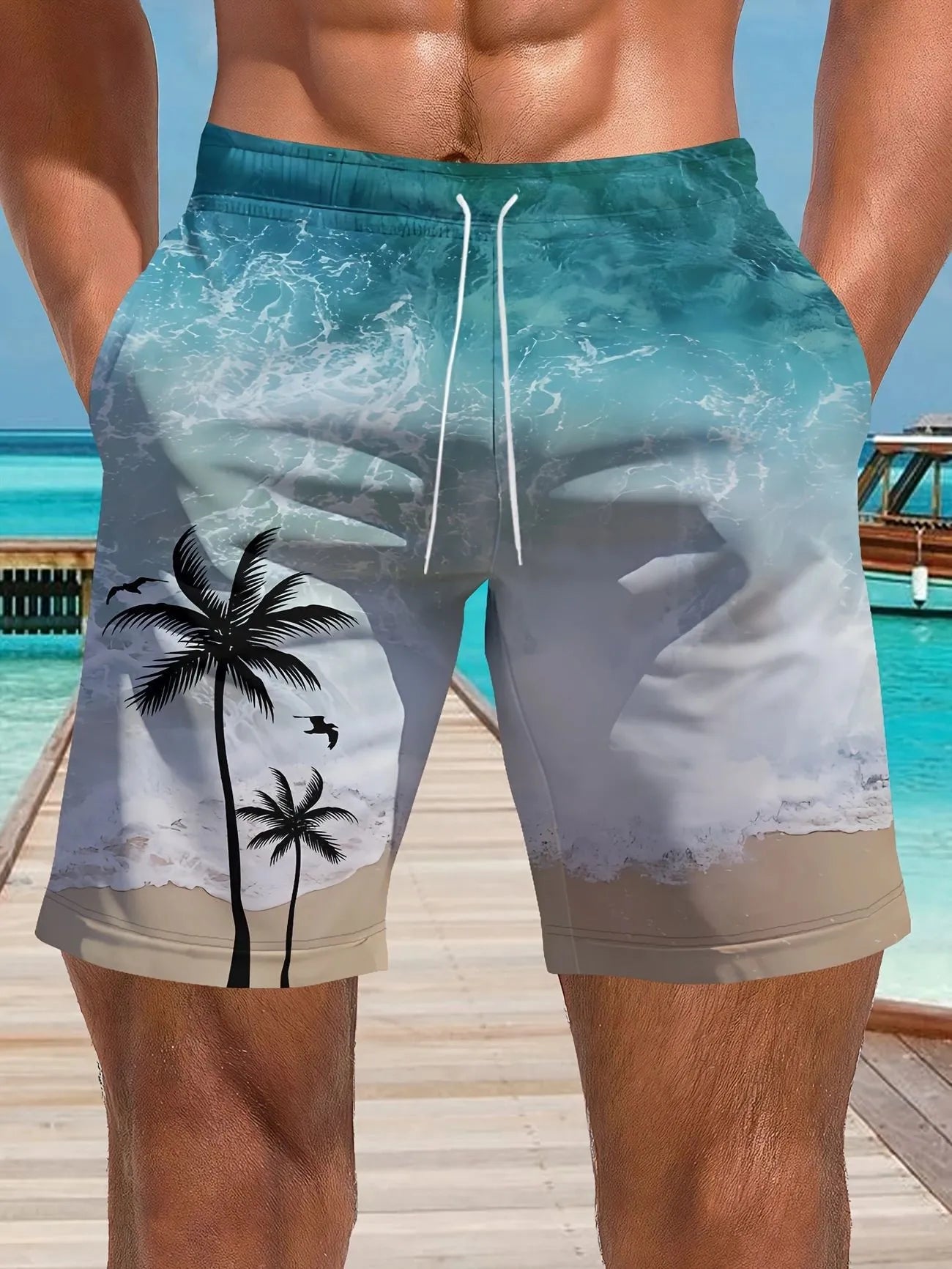 Men's micro-elastic quick-dry swimming trunks in polyester fabric showing elastic waistband