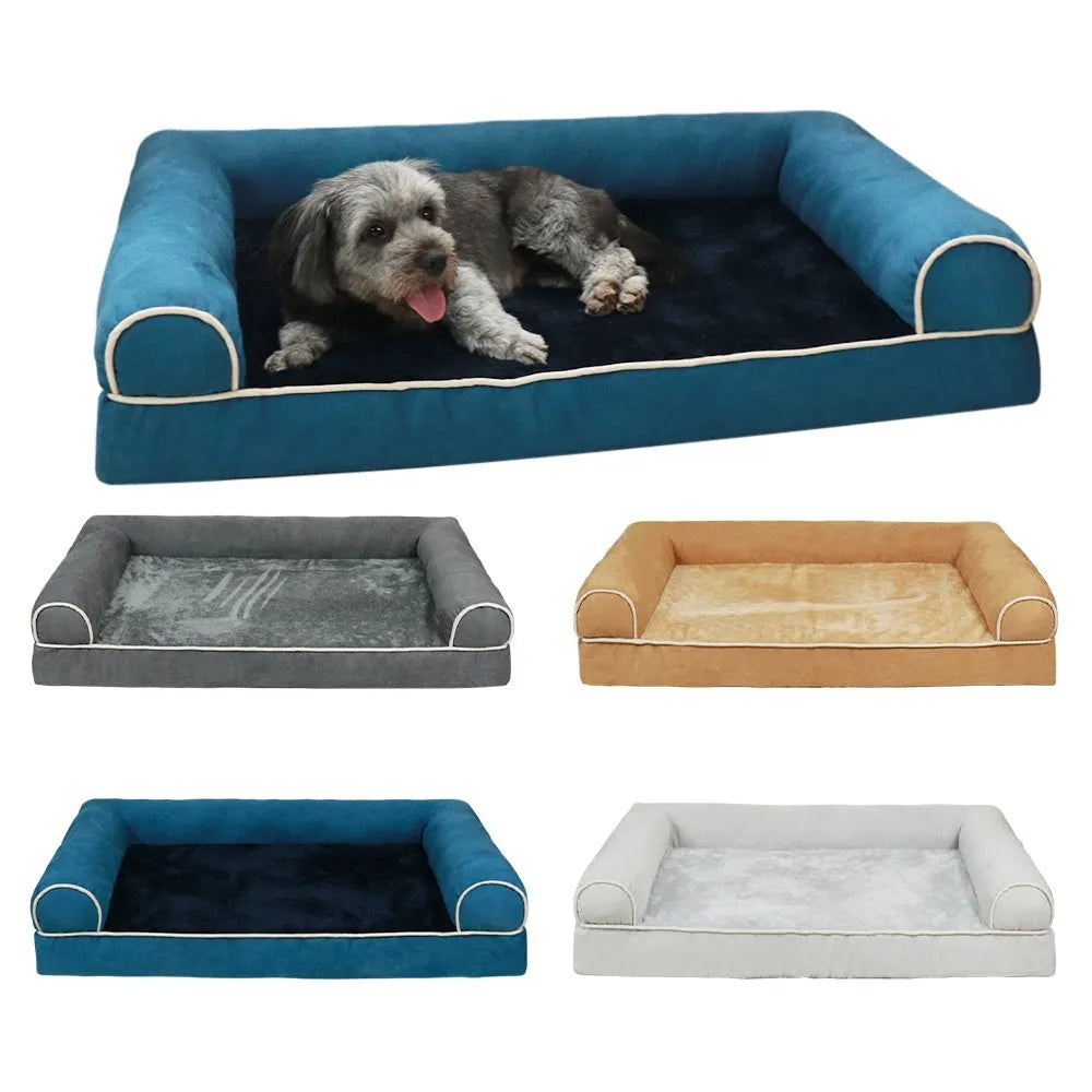 Square pet cooling bed with breathable sponge and blue cloth cover for dogs.