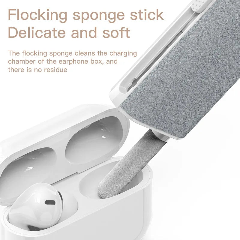 5-in-1 digital cleaning kit with black body, showing flocking sponge, brush, and metal tip for phones and earphones.