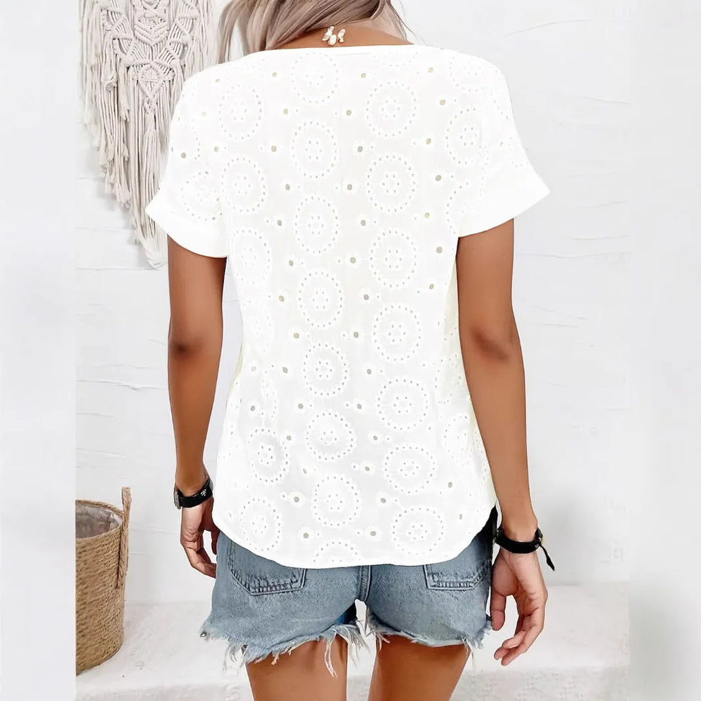 White women's V-neck T-shirt with hollow French elegant design and short sleeves