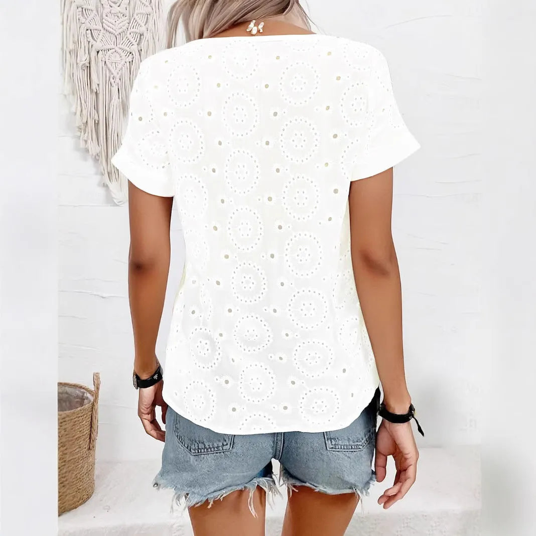 White women's V-neck T-shirt with hollow French elegant design and short sleeves