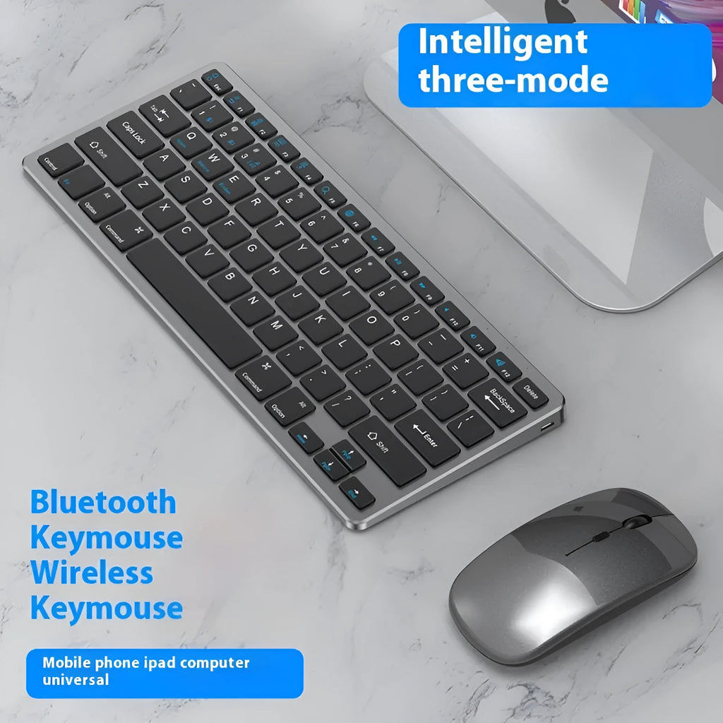 Ultra-thin wireless keyboard and mouse set in black, gun colour, or silver with charging cable and receiver