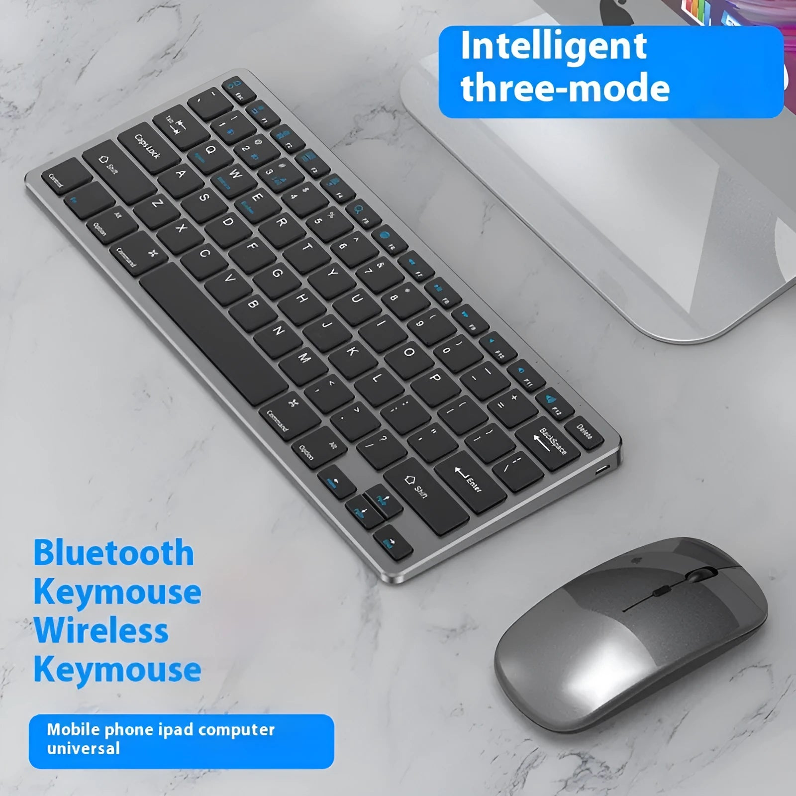 Ultra-thin wireless keyboard and mouse set in black, gun colour, or silver with charging cable and receiver