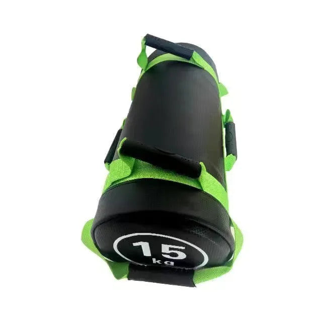 Flat white PVC fitness training sandbag shown in a gym setting for strength and conditioning workouts.
