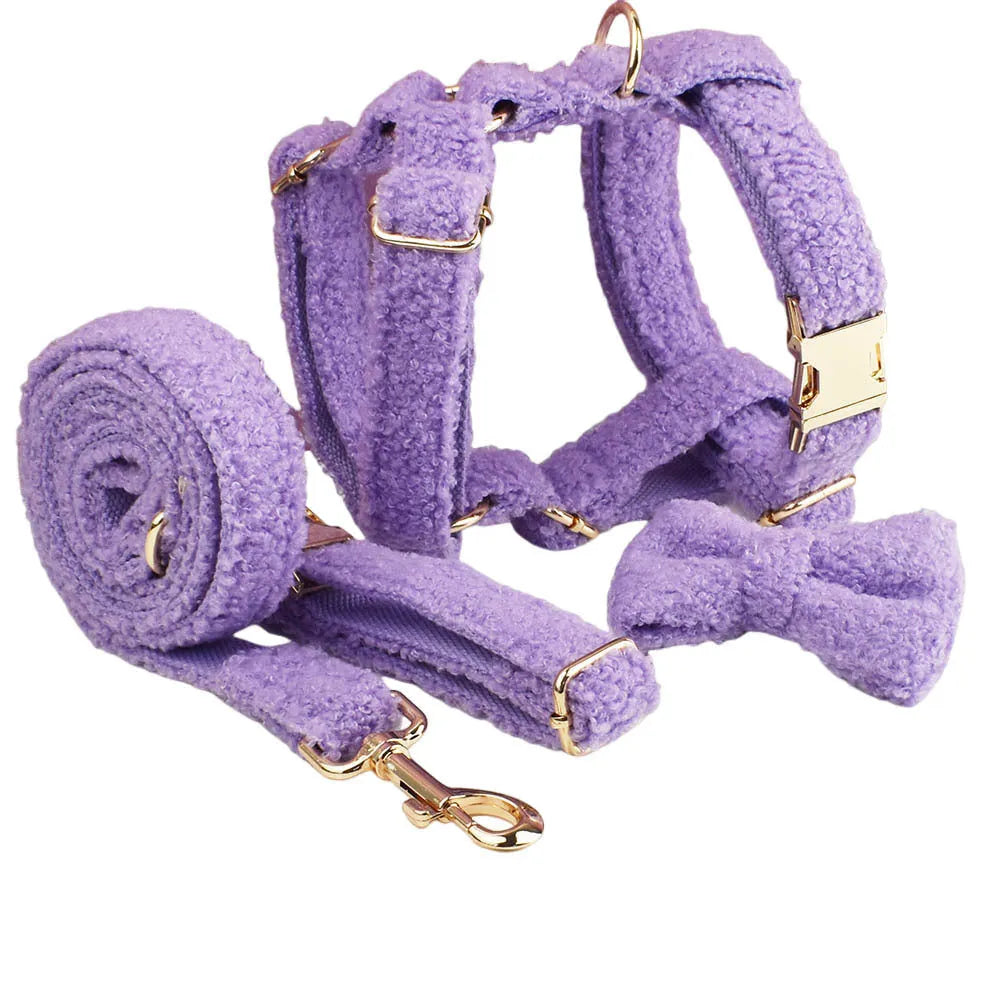 Purple cloth dog collar, leash, bow and vest set for small breed coordination